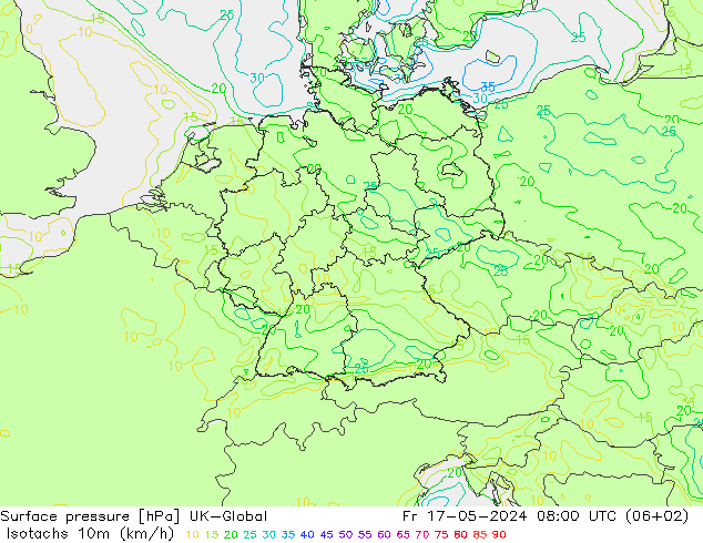 Isotachen (km/h) UK-Global vr 17.05.2024 08 UTC