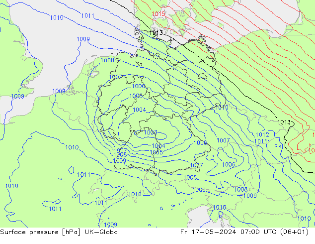 Pressione al suolo UK-Global ven 17.05.2024 07 UTC