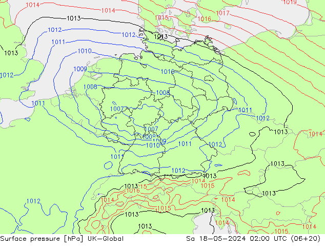 Atmosférický tlak UK-Global So 18.05.2024 02 UTC