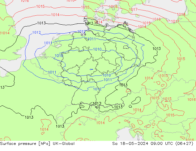 Pressione al suolo UK-Global sab 18.05.2024 09 UTC