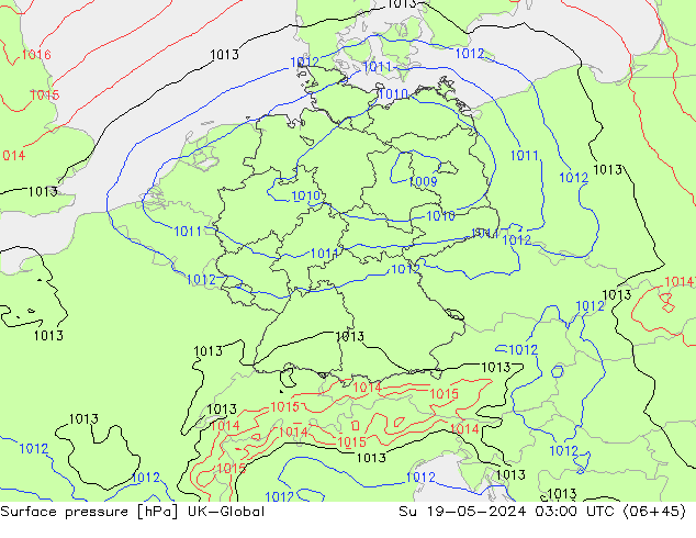 Atmosférický tlak UK-Global Ne 19.05.2024 03 UTC