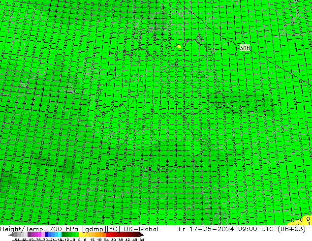 Height/Temp. 700 hPa UK-Global 星期五 17.05.2024 09 UTC