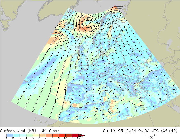 Surface wind (bft) UK-Global Su 19.05.2024 00 UTC