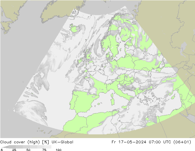 Cloud cover (high) UK-Global Fr 17.05.2024 07 UTC