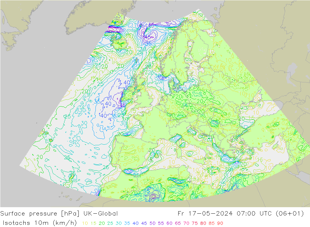 Isotachs (kph) UK-Global Fr 17.05.2024 07 UTC