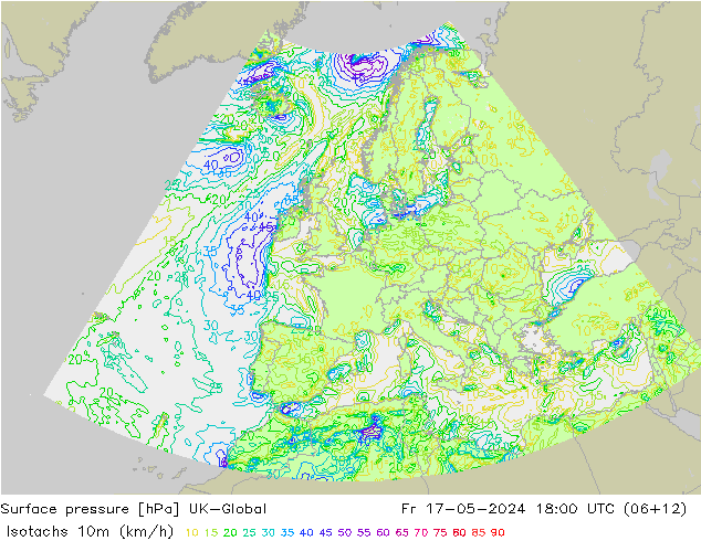 Isotachs (kph) UK-Global ven 17.05.2024 18 UTC