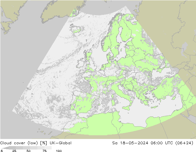 Bewolking (Laag) UK-Global za 18.05.2024 06 UTC