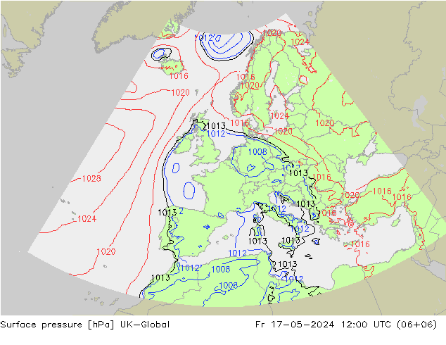 Pressione al suolo UK-Global ven 17.05.2024 12 UTC