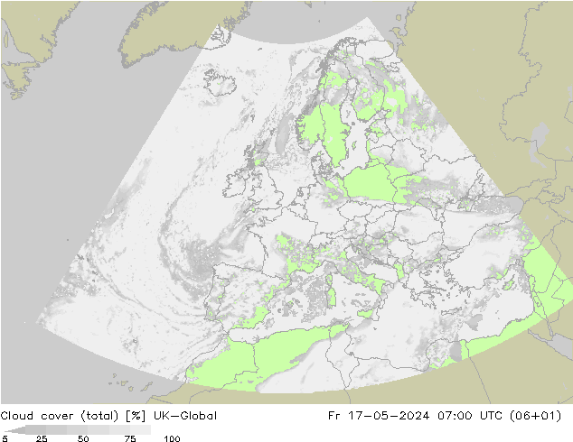 Cloud cover (total) UK-Global Fr 17.05.2024 07 UTC