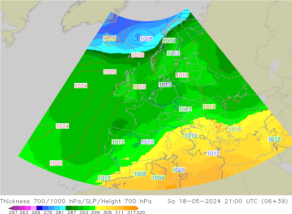 Thck 700-1000 hPa UK-Global So 18.05.2024 21 UTC