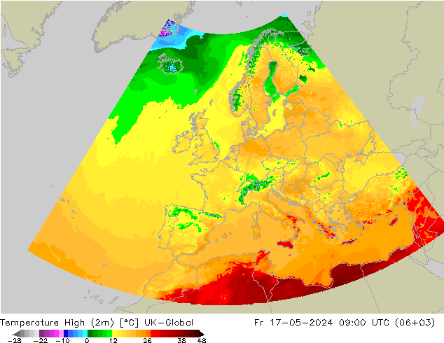 Temp. massima (2m) UK-Global ven 17.05.2024 09 UTC