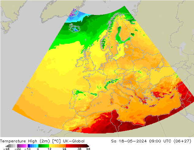Temp. massima (2m) UK-Global sab 18.05.2024 09 UTC