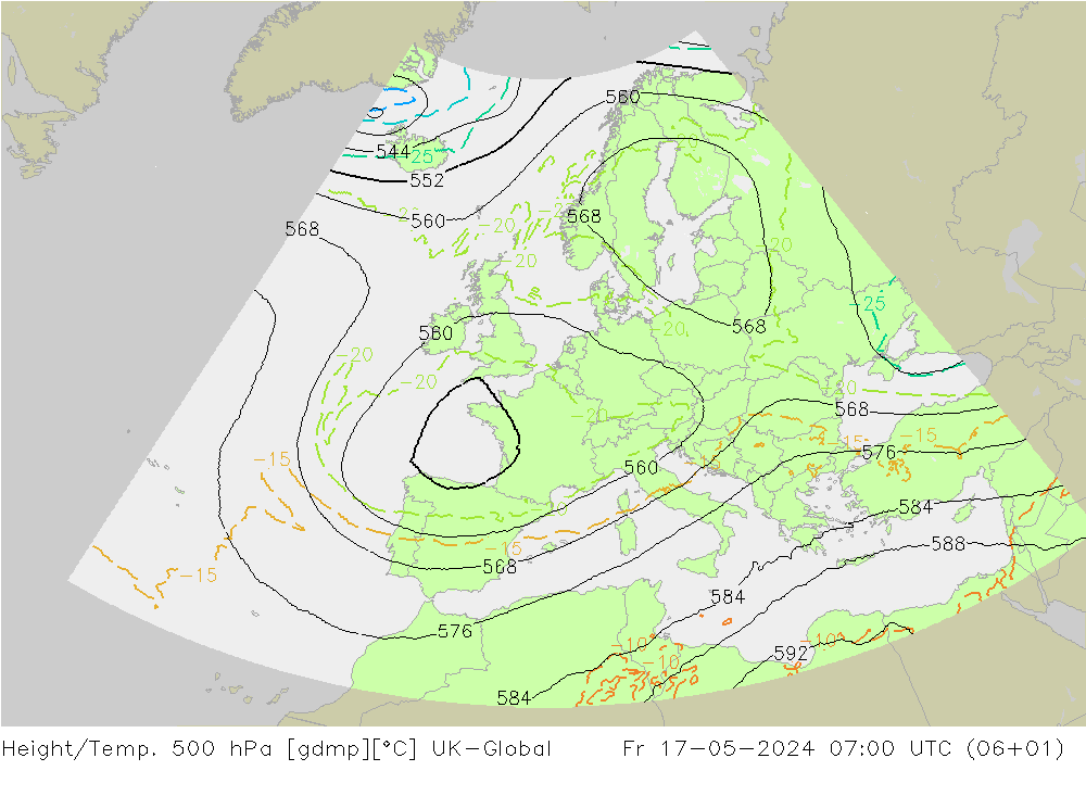 Height/Temp. 500 hPa UK-Global Fr 17.05.2024 07 UTC