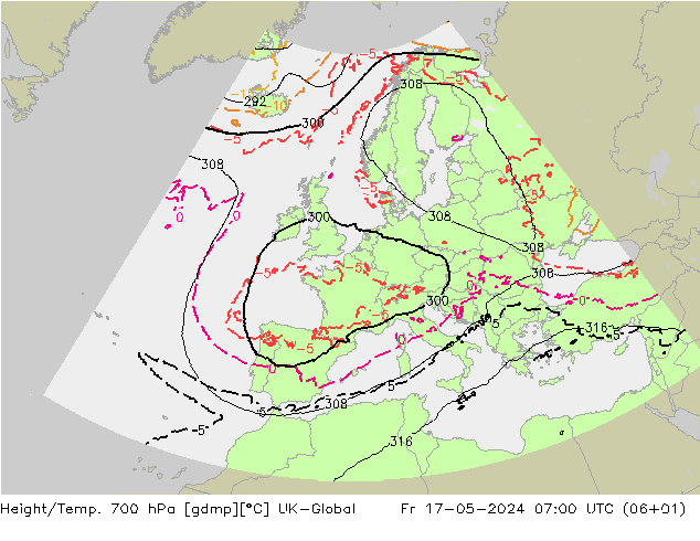 Yükseklik/Sıc. 700 hPa UK-Global Cu 17.05.2024 07 UTC
