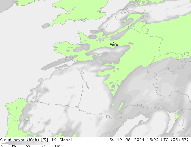 Cloud cover (high) UK-Global Su 19.05.2024 15 UTC