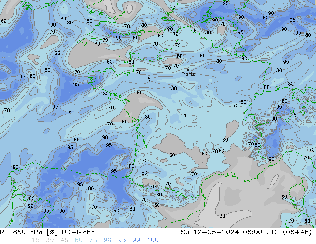 RH 850 hPa UK-Global So 19.05.2024 06 UTC