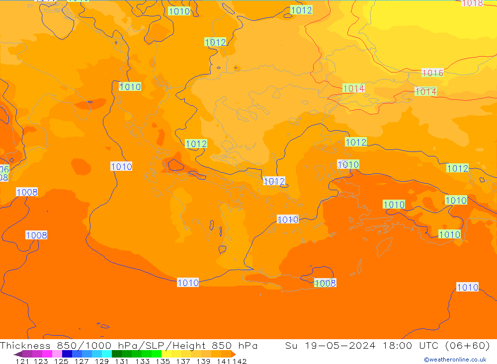Espesor 850-1000 hPa UK-Global dom 19.05.2024 18 UTC
