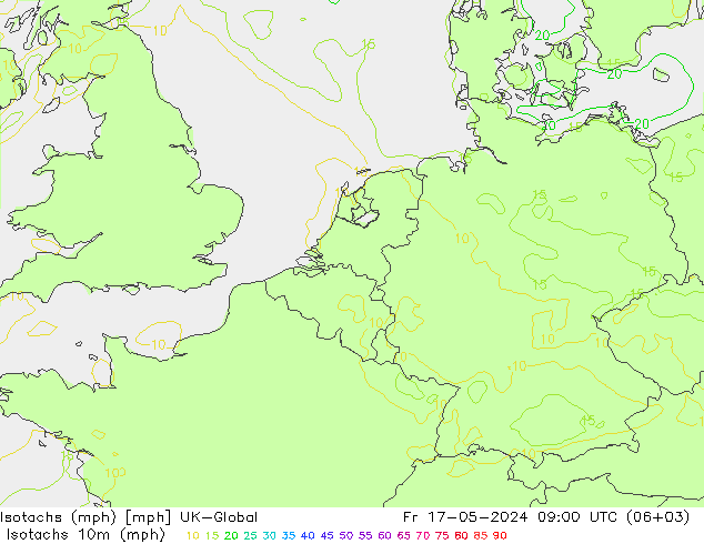 Isotachen (mph) UK-Global Fr 17.05.2024 09 UTC