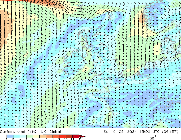 Surface wind (bft) UK-Global Ne 19.05.2024 15 UTC