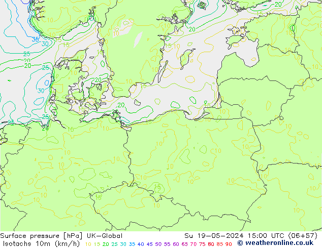 Isotachen (km/h) UK-Global zo 19.05.2024 15 UTC