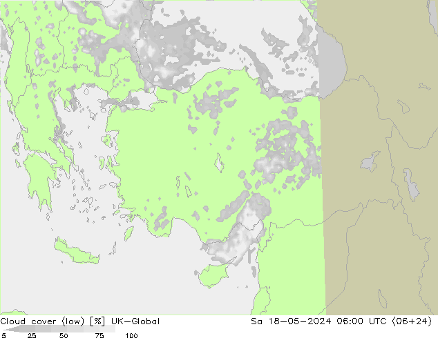 Bewolking (Laag) UK-Global za 18.05.2024 06 UTC