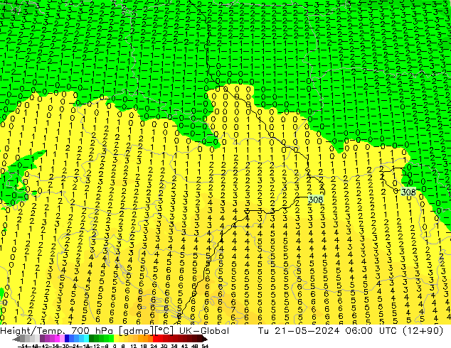 Height/Temp. 700 hPa UK-Global wto. 21.05.2024 06 UTC