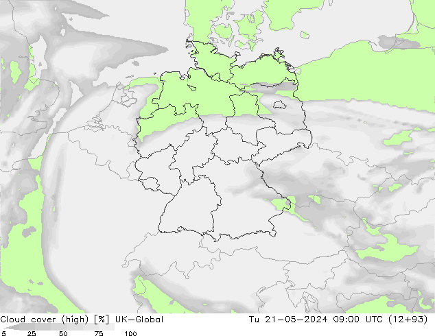 Cloud cover (high) UK-Global Tu 21.05.2024 09 UTC