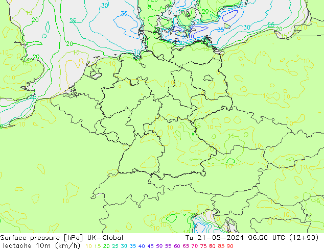 Isotachs (kph) UK-Global Út 21.05.2024 06 UTC