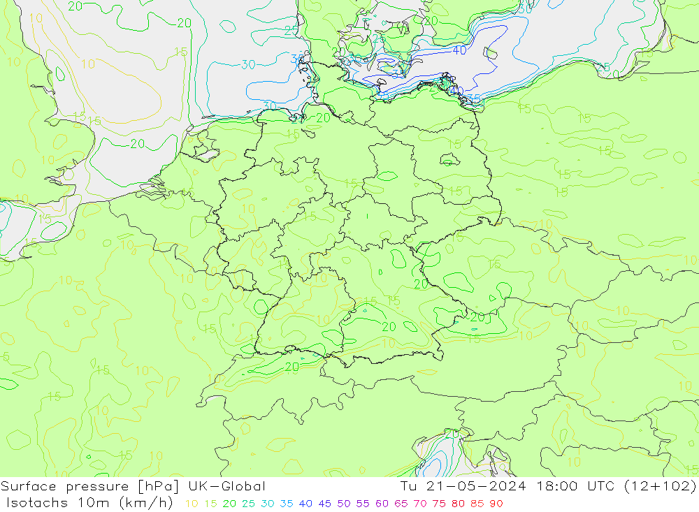 Isotachs (kph) UK-Global mar 21.05.2024 18 UTC