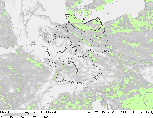 Cloud cover (low) UK-Global We 22.05.2024 12 UTC