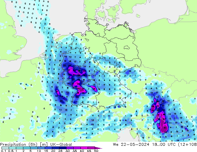 Yağış (6h) UK-Global Çar 22.05.2024 00 UTC