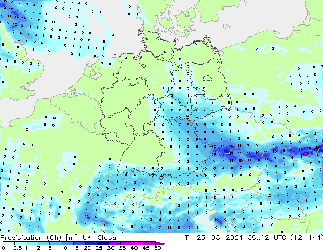 Precipitação (6h) UK-Global Qui 23.05.2024 12 UTC