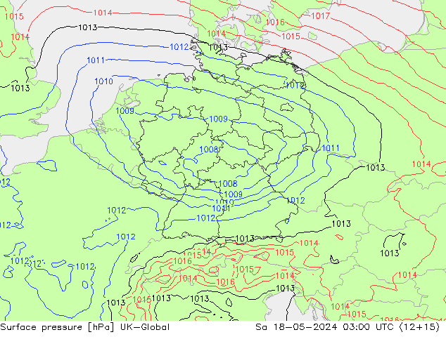 Pressione al suolo UK-Global sab 18.05.2024 03 UTC