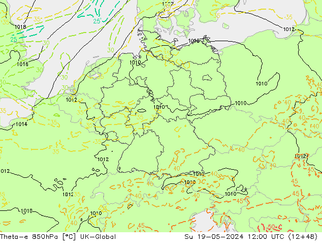 Theta-e 850hPa UK-Global dim 19.05.2024 12 UTC
