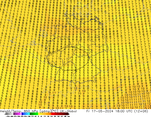 Hoogte/Temp. 850 hPa UK-Global vr 17.05.2024 18 UTC