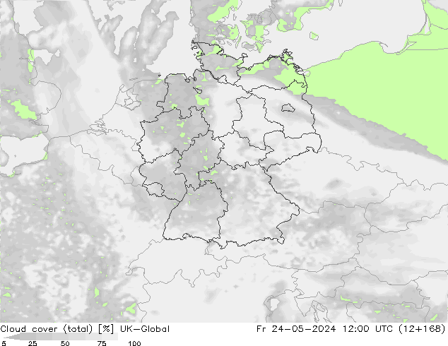 Cloud cover (total) UK-Global Fr 24.05.2024 12 UTC