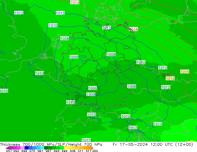 Espesor 700-1000 hPa UK-Global vie 17.05.2024 12 UTC