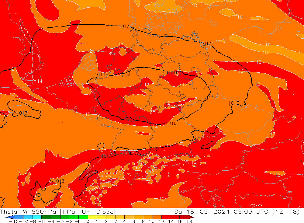 Theta-W 850hPa UK-Global so. 18.05.2024 06 UTC