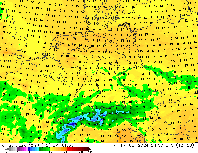 Temperature (2m) UK-Global Pá 17.05.2024 21 UTC