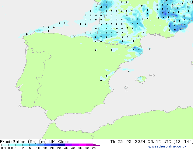 Precipitation (6h) UK-Global Th 23.05.2024 12 UTC
