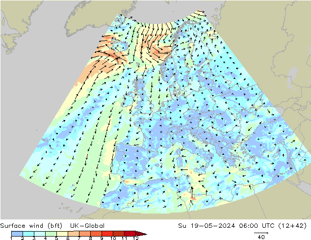 Surface wind (bft) UK-Global Su 19.05.2024 06 UTC