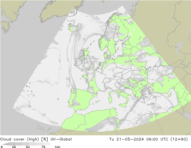 Cloud cover (high) UK-Global Tu 21.05.2024 06 UTC