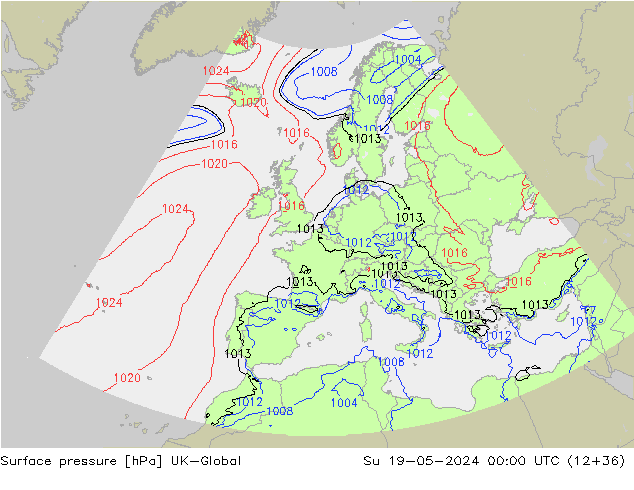 Presión superficial UK-Global dom 19.05.2024 00 UTC