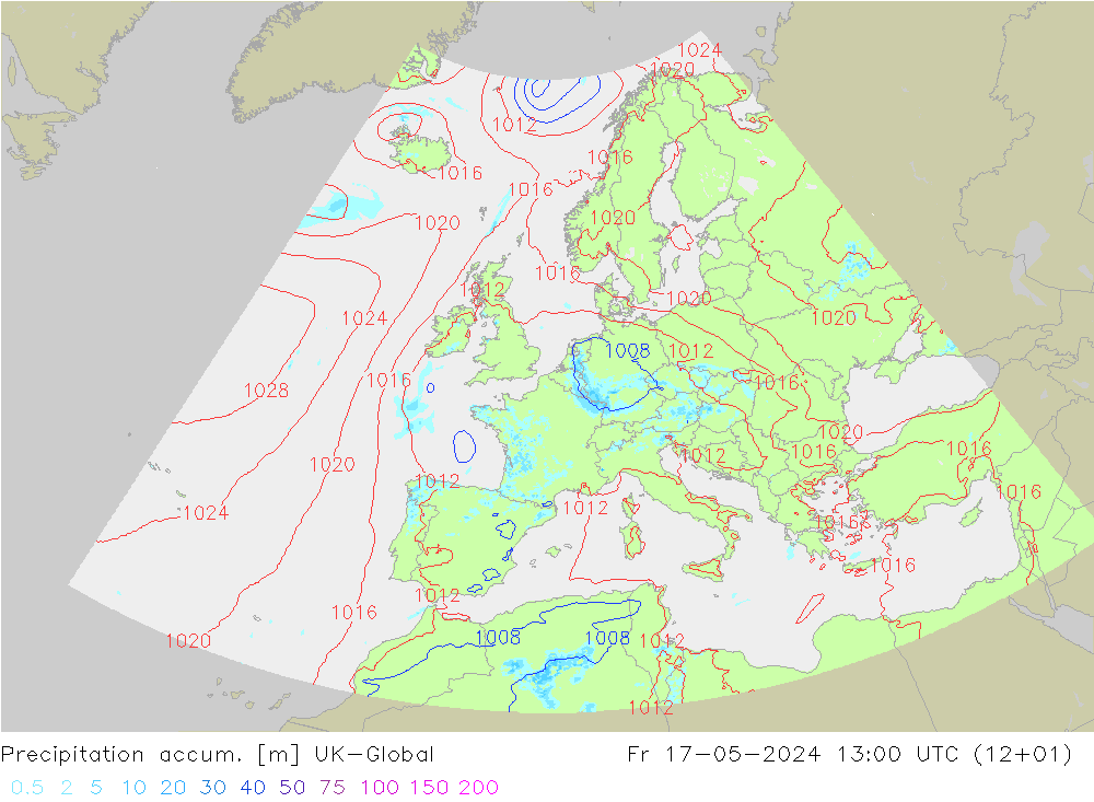 Precipitation accum. UK-Global Fr 17.05.2024 13 UTC
