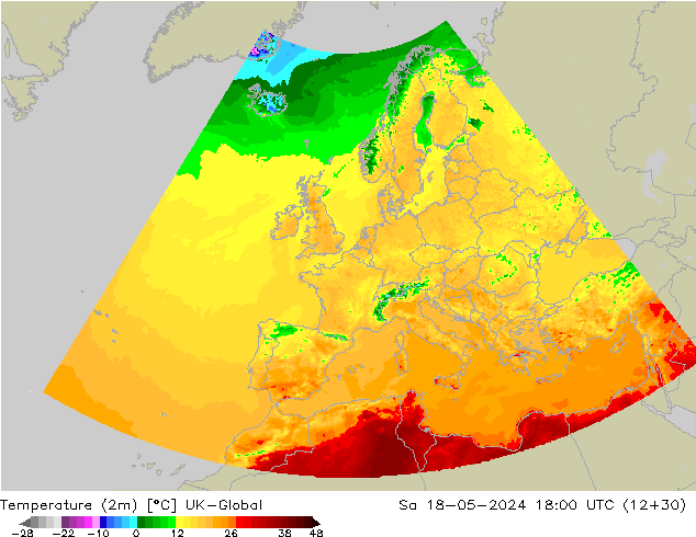 mapa temperatury (2m) UK-Global so. 18.05.2024 18 UTC
