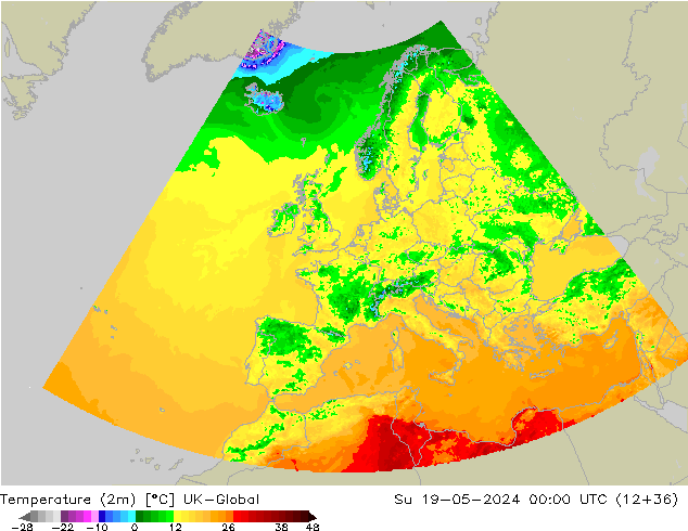 Temperatuurkaart (2m) UK-Global zo 19.05.2024 00 UTC