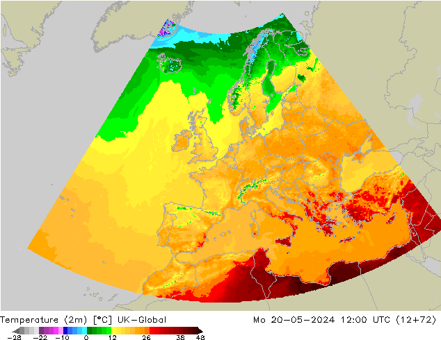 Temperaturkarte (2m) UK-Global Mo 20.05.2024 12 UTC