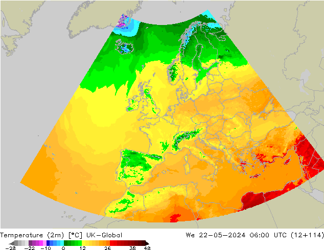 mapa temperatury (2m) UK-Global śro. 22.05.2024 06 UTC