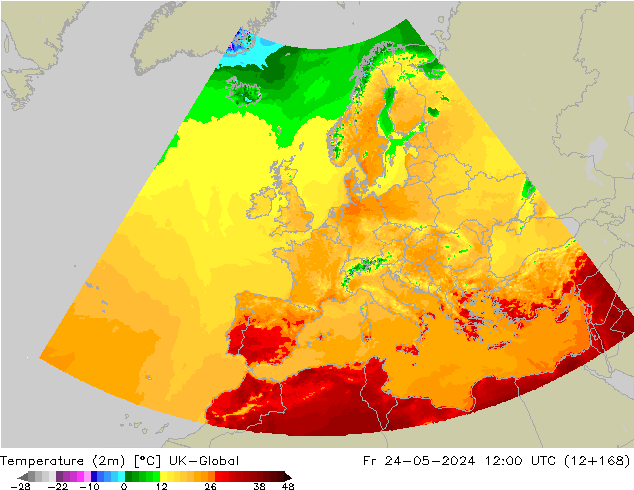 Temperature (2m) UK-Global Fr 24.05.2024 12 UTC