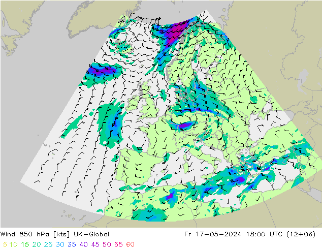 wiatr 850 hPa UK-Global pt. 17.05.2024 18 UTC